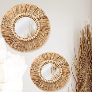NWOT 2Pcs Boho Raffia Mirror Wall Hanging Decor 15.8 Inch 11.8 Inch Rustic Round